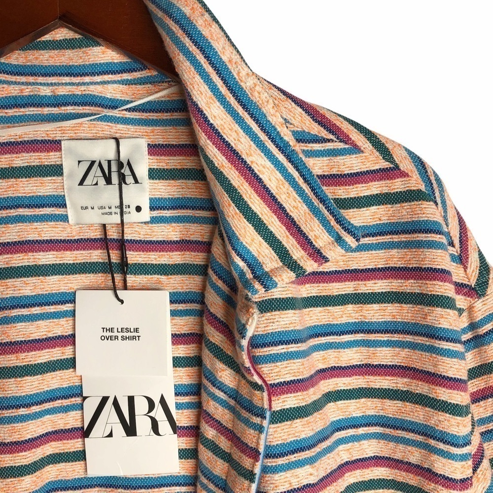 ZARA NWT “Leslie” Striped Shirt Jacket Size Medium in Bright Pink Multi - Picture 5 of 15
